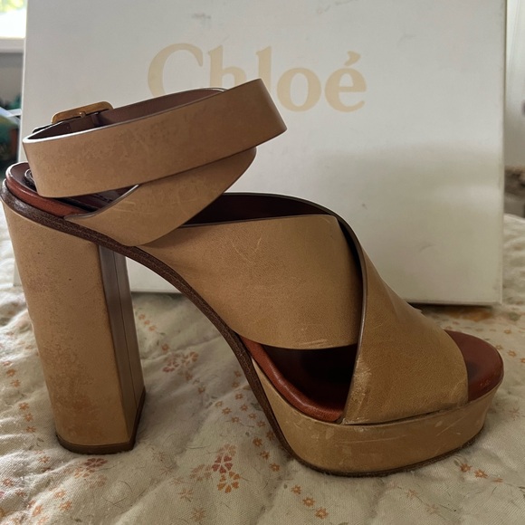 Chloe Strappy Leather Platform Sandals - Tan Size 38.5 - Picture 5 of 16